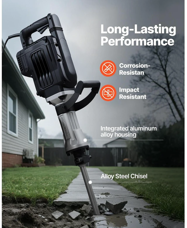 Alt view image 6 of 7 - Demolition Jack Hammer, 3000 W Powerful Electric Jackhammer, 1700 BPM Concrete Breaker with a Point Chisel, Carrying Case, Gloves, Goggles, for Concrete, Wall, Brick, Tile and Foundation