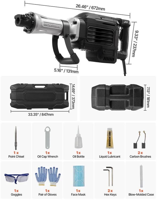 Alt view image 7 of 7 - Demolition Jack Hammer, 3000 W Powerful Electric Jackhammer, 1700 BPM Concrete Breaker with a Point Chisel, Carrying Case, Gloves, Goggles, for Concrete, Wall, Brick, Tile and Foundation