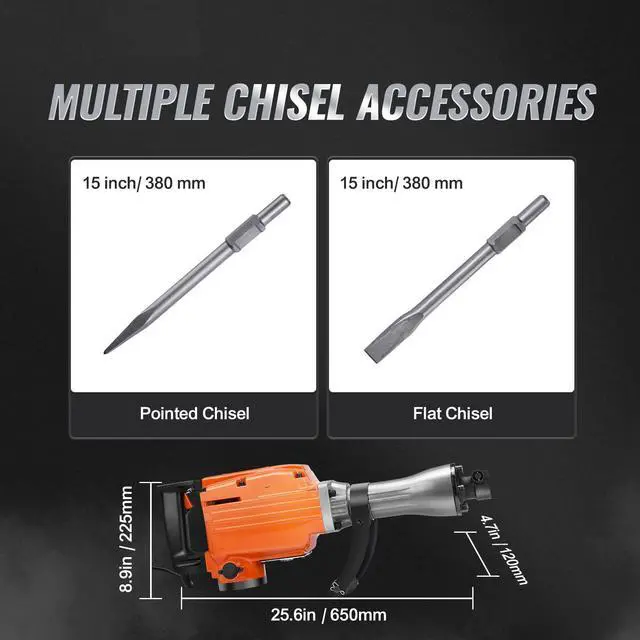 Alt view image 6 of 7 - Demolition Jack Hammer Concrete Breaker 2200W Electric Hammer 2 Chisel Bits