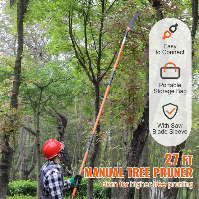 Alt view image 7 of 7 - Manual Pole Saw, 7.3-27 ft Extendable Tree Pruner, Sharp Steel Blade High Branches Trimming, Manual Branch Trimmer with Lightweight 8 Fiberglass Handles, for Pruning Palms and Shrubs