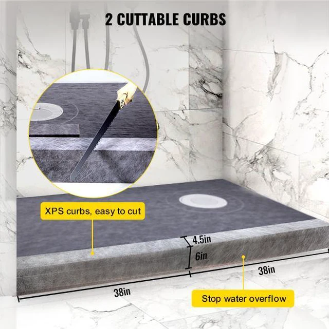 Alt view image 2 of 7 - Shower Curb Kit, 38"x60" Watertight Shower Curb Overlay with 4" ABS Offset Bonding Flange, 4" Stainless Steel Grate, 2 Cuttable Shower Curb and Trowel, Shower Pan Slope Sticks Fit for Bathroom