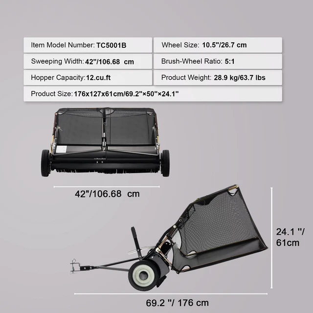 Alt view image 5 of 7 - 42 Inch Lawn Sweeper Tow Behind, 12 cu.ft. Large Pull Behind Grass Sweeper, Heavy Duty Leaf & Grass Collector with Dumping Rope Design, Adjustable Sweeping Height for Picking Up Debris & Grass