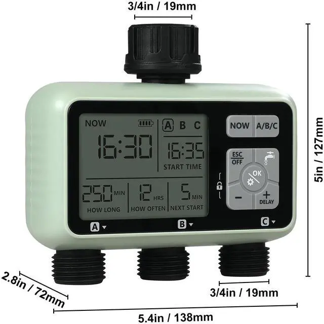 Alt view image 5 of 7 - Water Timer, 3 Outlets, Hose Watering Sprinkler Timer, with 3 Independent Watering Zone LCD Display Rain Delay Mode Manual Mode 360° Brass Inlet Metal Filter, IPX6 Waterproof for Yard Watering