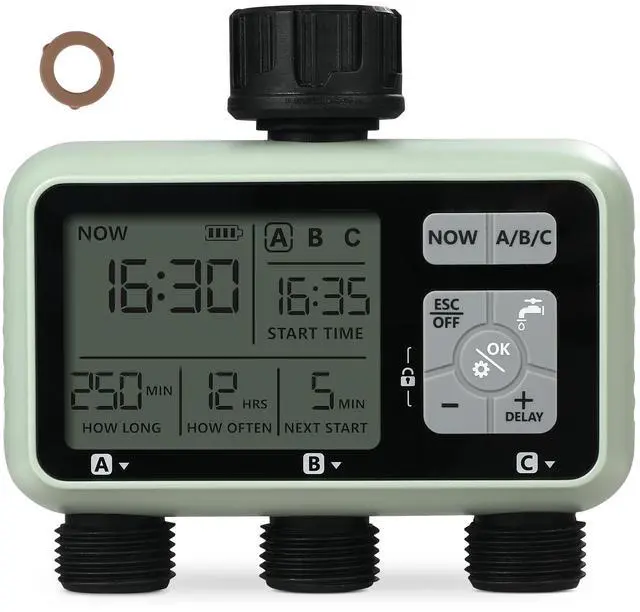 Alt view image 4 of 7 - Water Timer, 3 Outlets, Hose Watering Sprinkler Timer, with 3 Independent Watering Zone LCD Display Rain Delay Mode Manual Mode 360° Brass Inlet Metal Filter, IPX6 Waterproof for Yard Watering