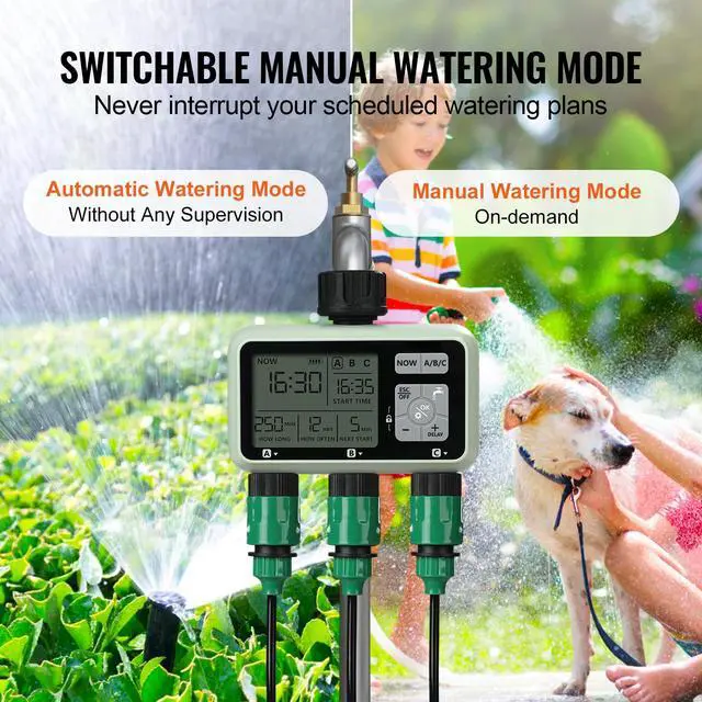 Alt view image 2 of 7 - Water Timer, 3 Outlets, Hose Watering Sprinkler Timer, with 3 Independent Watering Zone LCD Display Rain Delay Mode Manual Mode 360° Brass Inlet Metal Filter, IPX6 Waterproof for Yard Watering