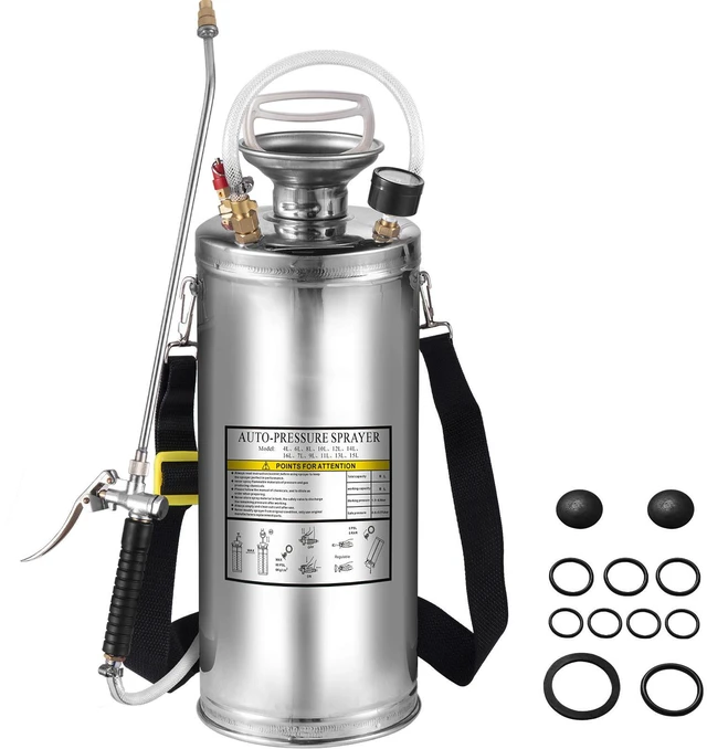 Alt view image 3 of 7 - 2Gal Stainless Steel Sprayer, Set with 20" Wand& Handle& 3FT Reinforced Hose, Hand Pump Sprayer with Pressure Gauge&Safety Valve, Adjustable Nozzle Suitable for Gardening and Sanitizing