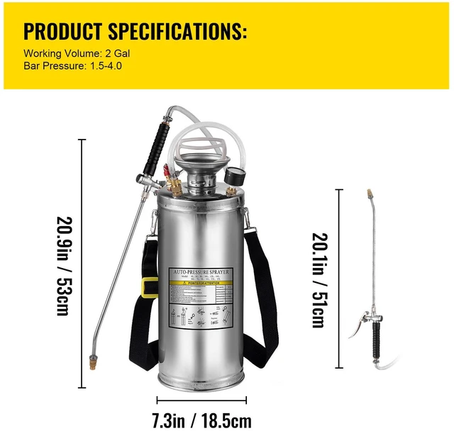 Alt view image 2 of 7 - 2Gal Stainless Steel Sprayer, Set with 20" Wand& Handle& 3FT Reinforced Hose, Hand Pump Sprayer with Pressure Gauge&Safety Valve, Adjustable Nozzle Suitable for Gardening and Sanitizing
