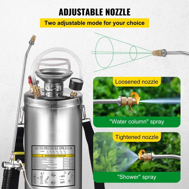 Alt view image 6 of 7 - 2Gal Stainless Steel Sprayer, Set with 20" Wand& Handle& 3FT Reinforced Hose, Hand Pump Sprayer with Pressure Gauge&Safety Valve, Adjustable Nozzle Suitable for Gardening and Sanitizing