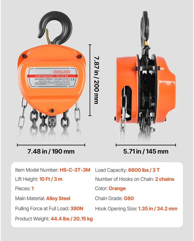 Alt view image 2 of 7 - Hand Chain Hoist 6600 lbs Capacity 10 ft Manual Chain Block with G80 Chain
