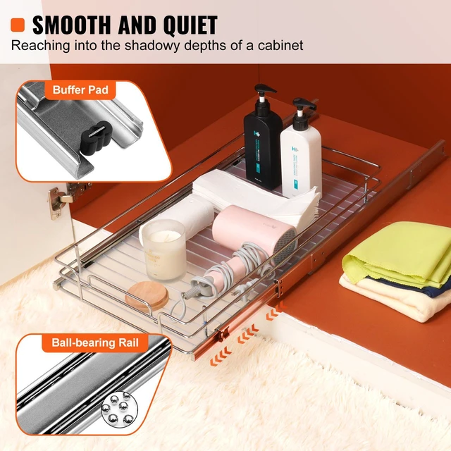 Alt view image 2 of 7 - 11"Wx21"Dx2.5"H Pull Out Cabinet Organizer, Heavy Duty Slide Out Pantry Shelves, Steel Roll Out Drawers, Sliding Drawer Storage for Home Under Sink, 13.5"Wx22"Dx7"H Install Size for Cabinet