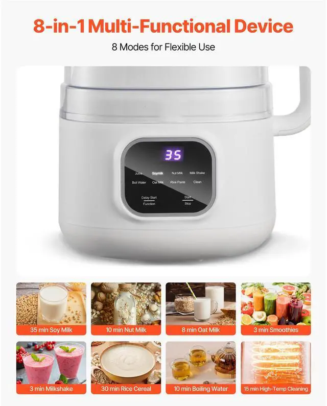 Alt view image 3 of 7 - 8-in-1 Nut Milk Maker, 34 oz Soy Milk Maker with 200W Blending, for Homemade Oat, Nut, Soy, Juice, Milkshake, Rice Cereal, Plant-Based Beverages with Self-Cleaning, Boil Water, 12-Hour Delay