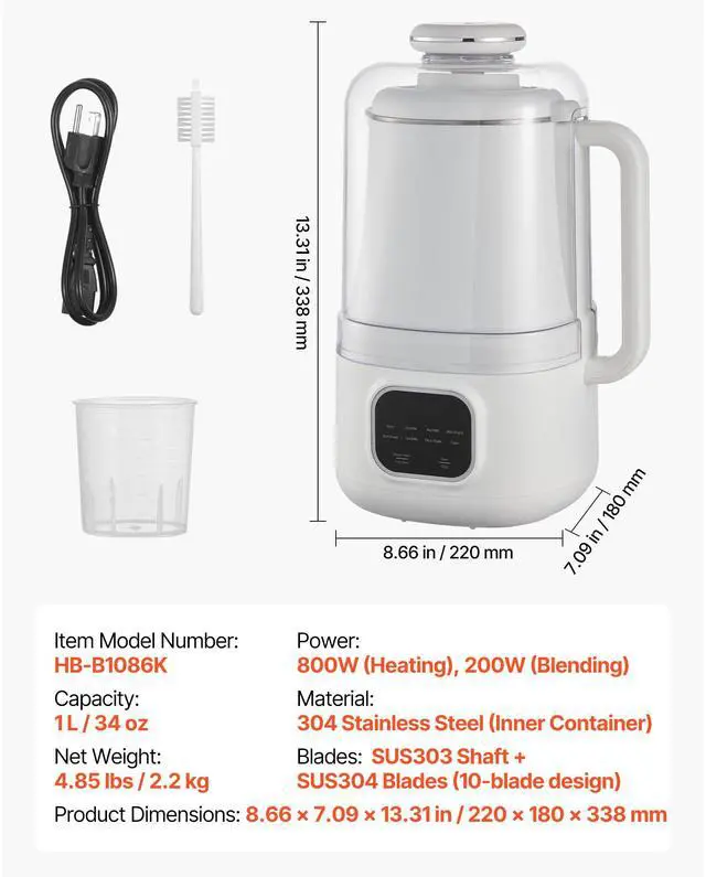 Alt view image 5 of 7 - 8-in-1 Nut Milk Maker, 34 oz Soy Milk Maker with 200W Blending, for Homemade Oat, Nut, Soy, Juice, Milkshake, Rice Cereal, Plant-Based Beverages with Self-Cleaning, Boil Water, 12-Hour Delay