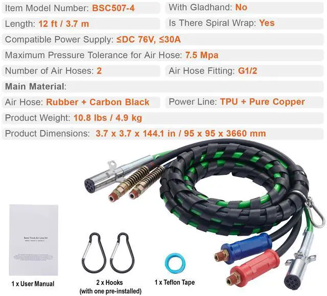 Alt view image 3 of 7 - 12FT Semi Truck Air Lines Kit, 3-in-1 Air Hoses & ABS Power Line for Semi Truck Trailer Tractor, 7-Way Plug Electrical Cord Cable and Rubber Air Lines Hose Assembly Kit with Hook & Teflon Tape