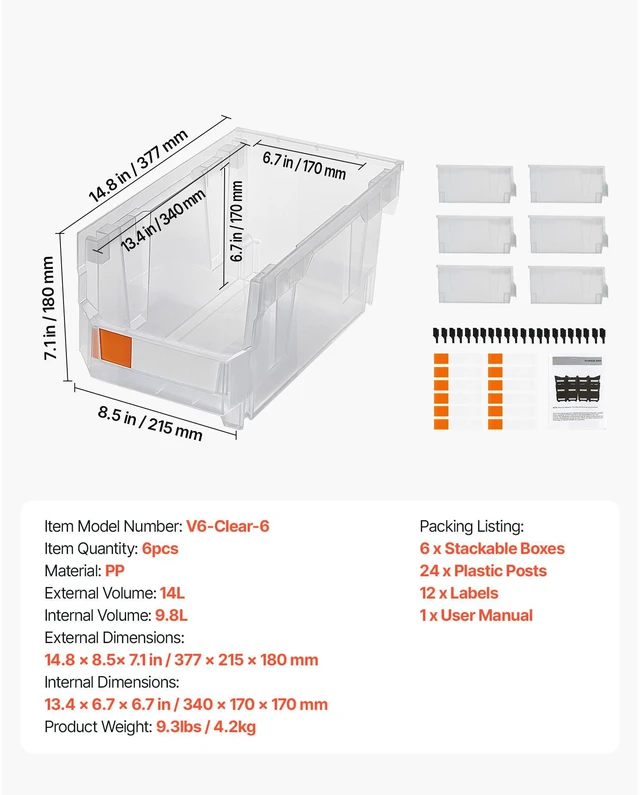 Alt view image 7 of 7 - Plastic Stackable Storage Bins, 14.8 x 8.5 x 7.1 inch (6 Pack), Plastic Containers for Organizing & Storage Bins for Closet, Garage, Small Parts, Office Supplies, Other Accessories, Transparent