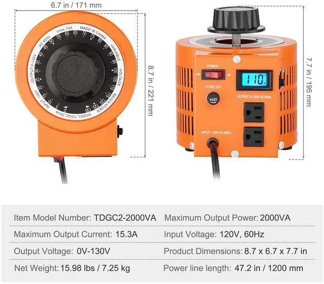 Alt view image 3 of 7 - 2000VA Auto Variable Voltage Transformer, 15.3 Amp, 110V Input 0-130V Output AC Voltage Regulator, with LCD Display 4 Extra Fuses Thermal Control Switch for Home Industrial Office