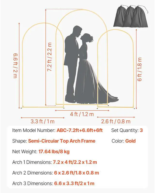 Alt view image 7 of 7 - Arch Backdrop Stand, Set of 3, 7.2/6.6/6 ft, Stable Structure, Easy Assembly, Gold Metal Arch Backdrop Stand for Wedding, Birthday Party, Graduation, Holiday Celebration, and Ceremony Decoration