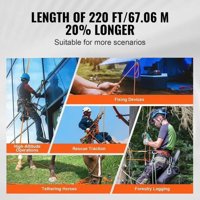 Alt view image 6 of 7 - Double Braided Polyester Rope, 3/4 in x 220 ft, 24 Strands, 20000 LBS Breaking Strength Outdoor Rope, Arborist Rigging Rope for Rock Hiking Camping Swing Rappelling Rescue, Orange/Black