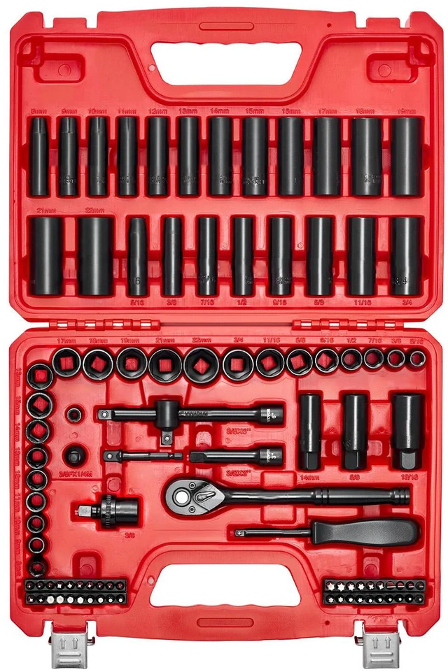 Alt view image 5 of 7 - 3/8 in Drive Impact Socket Set, 96 Piece, 6 Point Deep & Shallow Impact Sockets, SAE (5/16 in to 3/4 in) and Metric (8 to 22 mm) Sizes with 3 in & 6 in Extension Bars, Cr-V Steel, Carrying Case