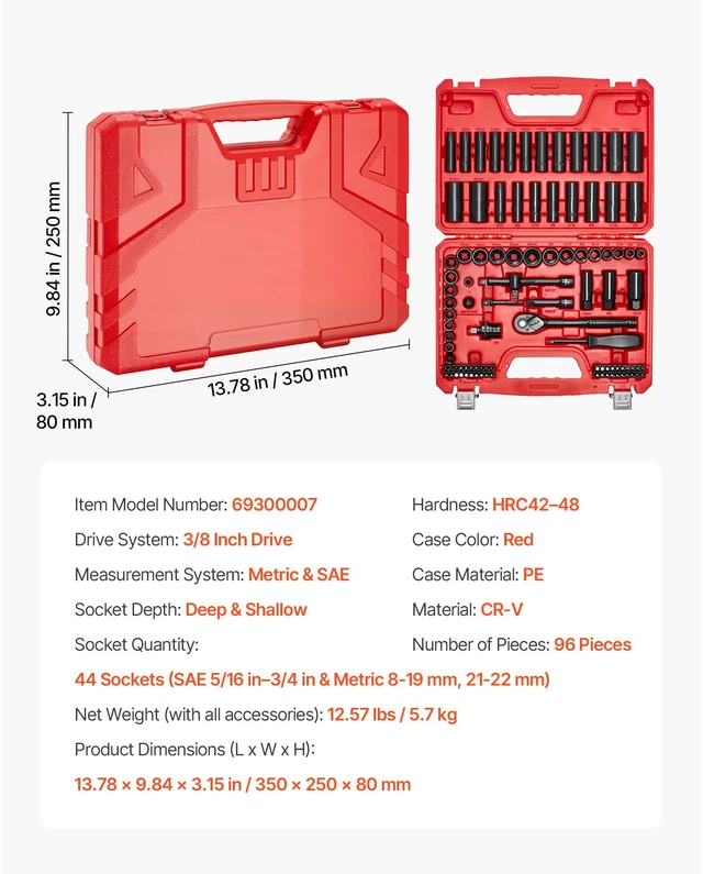 Alt view image 7 of 7 - 3/8 in Drive Impact Socket Set, 96 Piece, 6 Point Deep & Shallow Impact Sockets, SAE (5/16 in to 3/4 in) and Metric (8 to 22 mm) Sizes with 3 in & 6 in Extension Bars, Cr-V Steel, Carrying Case