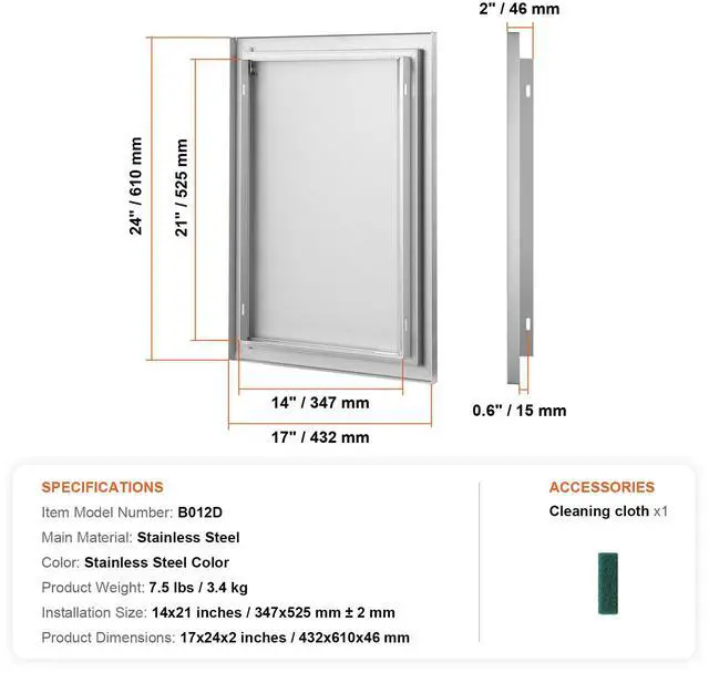Alt view image 7 of 7 - BBQ Access Door, 17W x 24H Inch Single Outdoor Kitchen Door, Stainless Steel Flush Mount Door, Wall Vertical Door with Recessed Handle, for BBQ Island, Grilling Station, Outside Cabinet