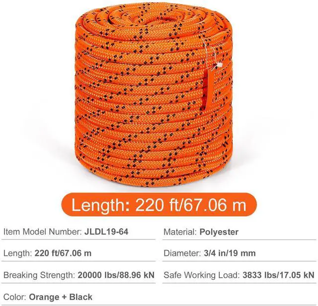 Alt view image 2 of 7 - Double Braided Polyester Rope, 3/4 in x 220 ft, 24 Strands, 20000 LBS Breaking Strength Outdoor Rope, Arborist Rigging Rope for Rock Hiking Camping Swing Rappelling Rescue, Orange/Black