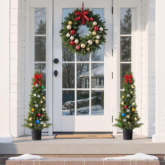 Alt view image 7 of 7 - Artificial Topiary Cedar Trees, 36 inch 2 Set Faux Pine Shrubs Plants, Fake Silk Tree Look Real, Easy Assembly for Decor Front Porch Outdoor Patio Garden Balcony Backyard Indoor Office