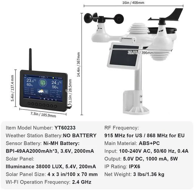 Alt view image 7 of 7 - 7-in-1 Wi-Fi Weather Station 7 in TFT Display Wireless Outdoor Sensor