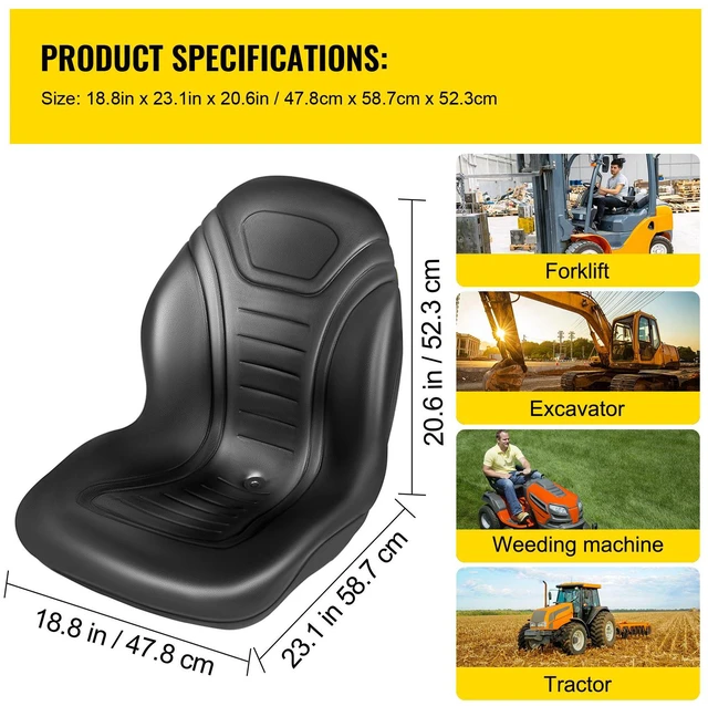 Alt view image 5 of 7 - Universal Tractor Seat Replacement 2 Pack, Compact High Back Mower Seat Pair, Black Vinyl Forklift Seat, Central Drain Hole Skid Steer Seat with Mounting Bolt Patterns