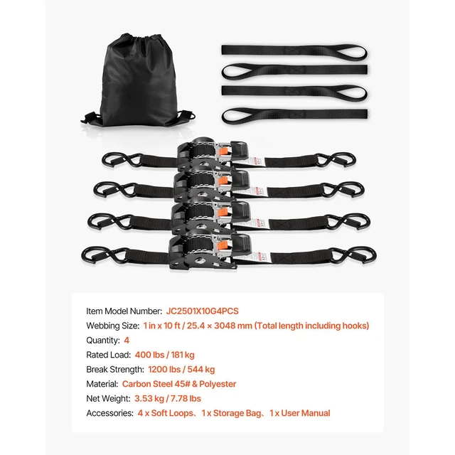 Alt view image 2 of 7 - Retractable Ratchet Straps, 1 in x 10 ft, Tie Down Straps with S Hooks, 1200 lbs Break Strength, 4 Soft Loops, Tie Down Ratcheting for Moving, Trailers, Motorcycles, Kayaks, Car Roof, 4 Pack