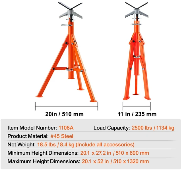 Alt view image 4 of 7 - Pipe Stand, 2500LBS Heavy Duty Pipe Jack Stands, 27.2"-52" Height Adjustable V Head Pipe Stand, 45# Steel Folding Jack Stand for 1/2-12 inches Pipes