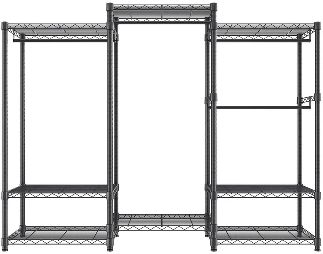 Alt view image 4 of 7 - Heavy Duty Clothes Rack, Rolling Clothing Garment Rack with 4 Hang Rods & 8 Storage Tiers, Adjustable Custom Closet Rack, Freestanding Wardrobe for Hanging Clothes, 800 lbs Load Capacity