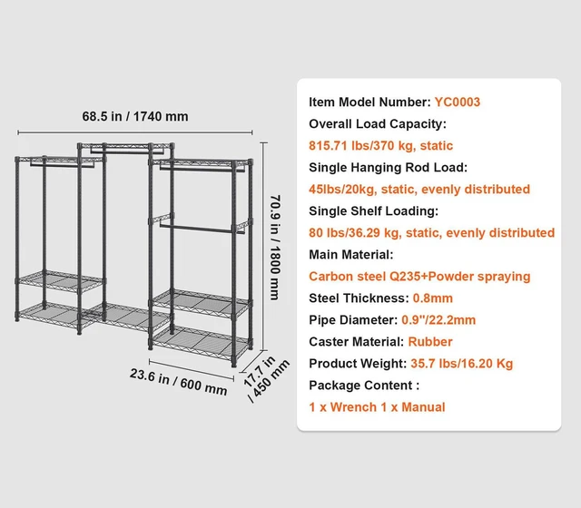 Alt view image 3 of 7 - Heavy Duty Clothes Rack, Rolling Clothing Garment Rack with 4 Hang Rods & 8 Storage Tiers, Adjustable Custom Closet Rack, Freestanding Wardrobe for Hanging Clothes, 800 lbs Load Capacity
