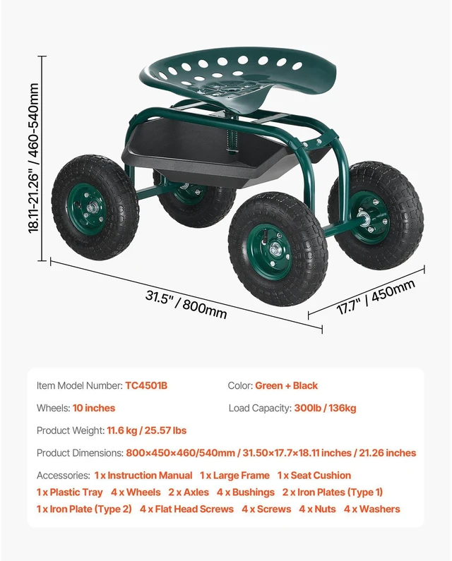 Alt view image 2 of 7 - Outdoor Rolling Garden Cart with Swivel Seat All-Terrain Wheels Tool Tray 300lbs