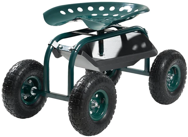 Alt view image 4 of 7 - Outdoor Rolling Garden Cart with Swivel Seat All-Terrain Wheels Tool Tray 300lbs