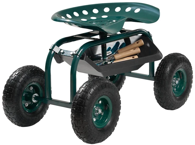 Alt view image 6 of 7 - Outdoor Rolling Garden Cart with Swivel Seat All-Terrain Wheels Tool Tray 300lbs