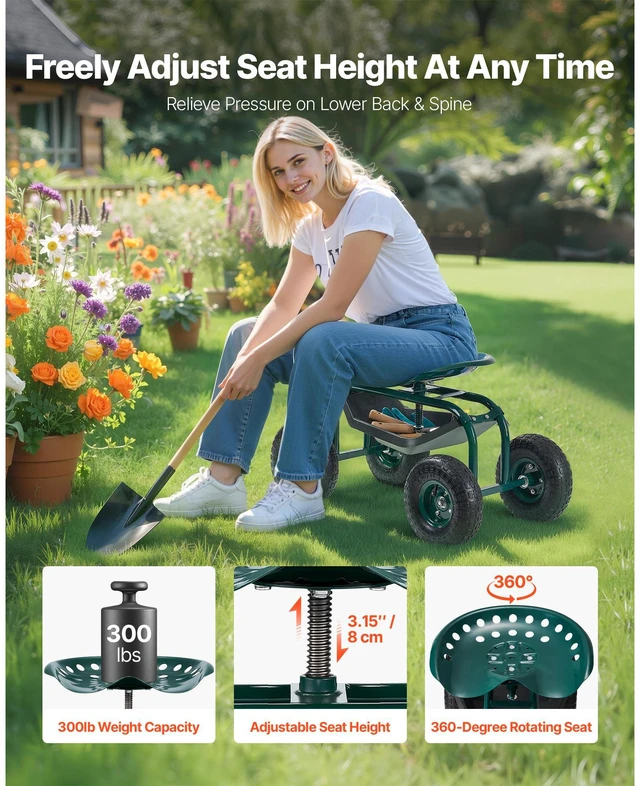 Alt view image 7 of 7 - Outdoor Rolling Garden Cart with Swivel Seat All-Terrain Wheels Tool Tray 300lbs