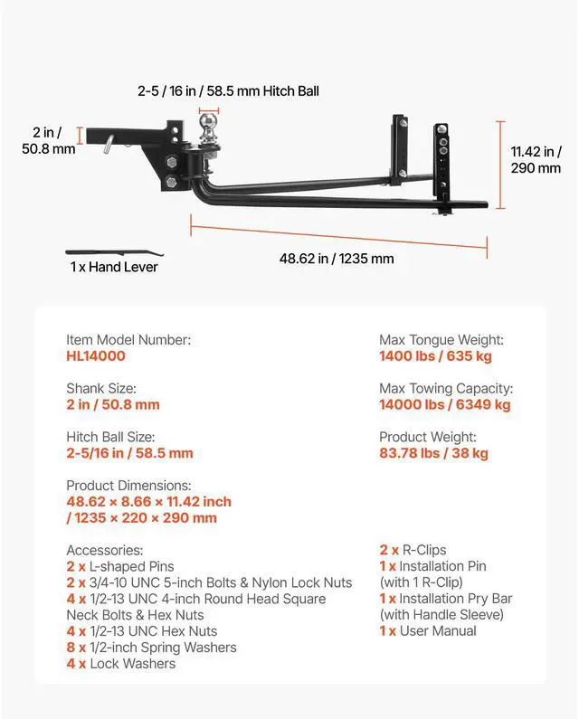 Alt view image 7 of 7 - Weight Distribution Hitch, 14000 lbs Max Towing & 1400 lbs Max Tongue, Weight Distributing Hitches Kit with Sway Control Includes 2 in Shank & 2-5/16 in Ball, Load Leveling Hitch for Trailers