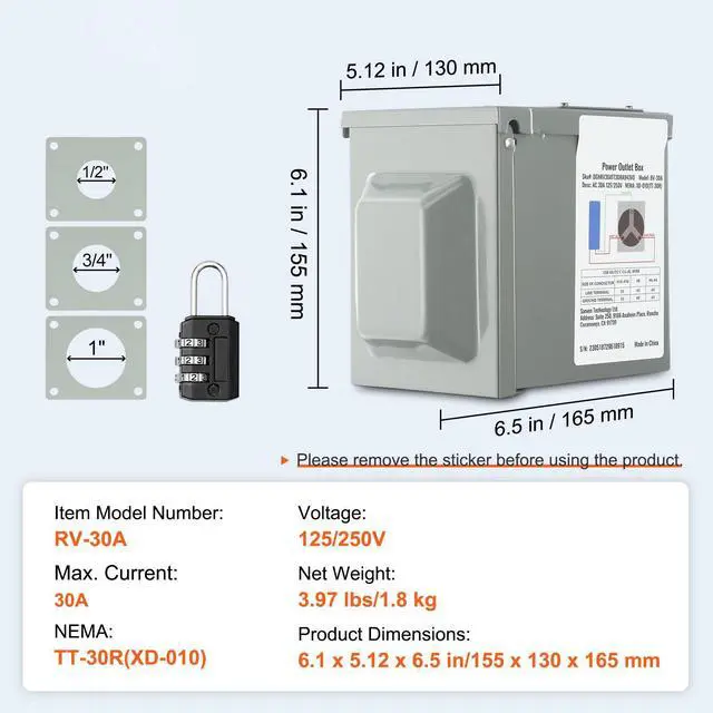 Alt view image 6 of 7 - 30 Amp RV Power Outlet Box, 125/250 Volt, Enclosed Lockable Outdoor RV Receptacle Box, NEMA TT-30R Weatherproof Electrical Panel, for RV Camper Trailer Motorhome Tested to UL Standards