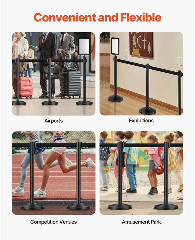 Alt view image 4 of 6 - Stanchion Post, 8 Pcs Stanchions with Retractable Belts, Carbon Steel Black Stanchions Queue with Sand Injection Hollow Base, Crowd Control Barriers for Theaters, Parties, Weddings, Exhibitions
