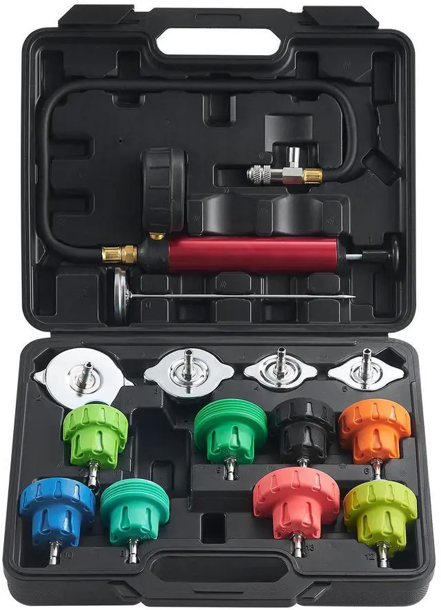 Main image of 14 pcs Universal Radiator Pressure Tester Kit, Coolant Pressure Tester Kit with Manual Pump and Color-coded Steel Test Cap Adapters, with Toolbox, For Cars Motorcycles Trucks Cooling System