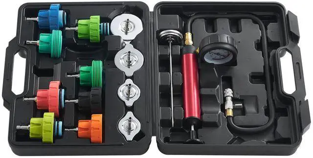 Alt view image 6 of 7 - 14 pcs Universal Radiator Pressure Tester Kit, Coolant Pressure Tester Kit with Manual Pump and Color-coded Steel Test Cap Adapters, with Toolbox, For Cars Motorcycles Trucks Cooling System