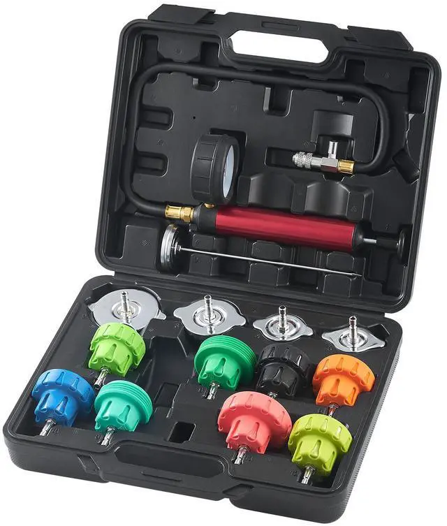 Alt view image 7 of 7 - 14 pcs Universal Radiator Pressure Tester Kit, Coolant Pressure Tester Kit with Manual Pump and Color-coded Steel Test Cap Adapters, with Toolbox, For Cars Motorcycles Trucks Cooling System