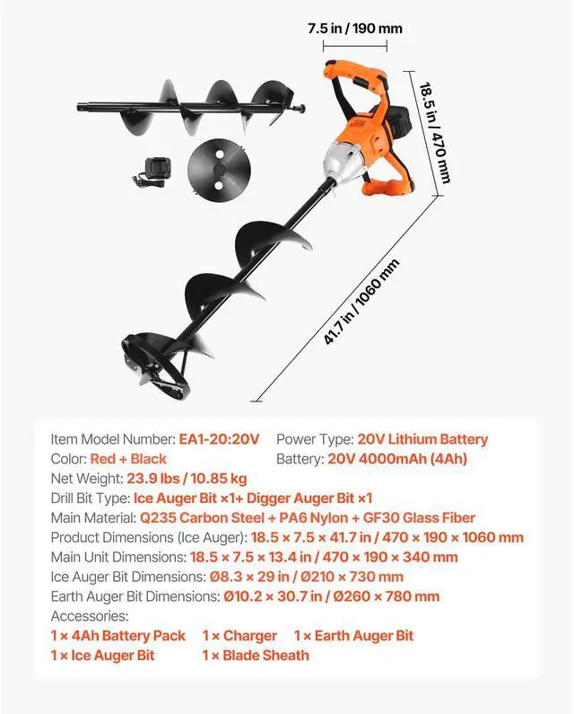Alt view image 7 of 7 - 20V Electric Ice Auger, 8 inch Diameter, 2 in 1 Cordless Ice Fishing Augers and Earth Auger with Ices & Earth Drill Bit, Cold-Resistant Post Hole Digger, Turbo High-Speed Cutting System