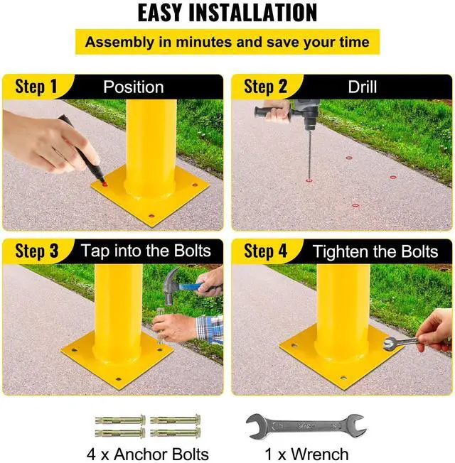Alt view image 5 of 7 - Safety Bollard 48"x4.5" Safety Barrier Bollard 4-1/2" OD 48" Height Yellow Powder Coat Pipe Steel Safety Barrier with 4 Free Anchor Bolts for Traffic-Sensitive Area