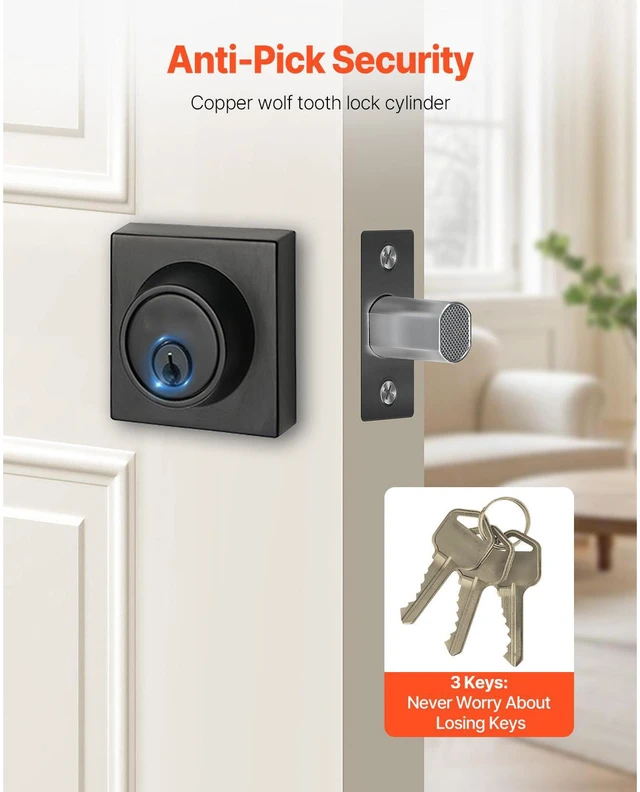 Alt view image 6 of 7 - Deadbolt Lock Square Single Cylinder Dead Bolt Keyed 1 Side Matte Black 3 Keys