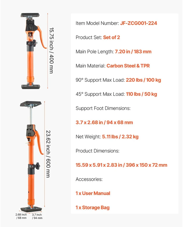Alt view image 7 of 7 - Cabinet Jack Support Pole, 2-Pack, 15.75-23.6 Inch Steel Telescopic Quick Support Rod, Adjustable 3rd Hand System up to 220 lbs Capacity for Installing Cabinets, Lifting Drywall, Cargo Bars