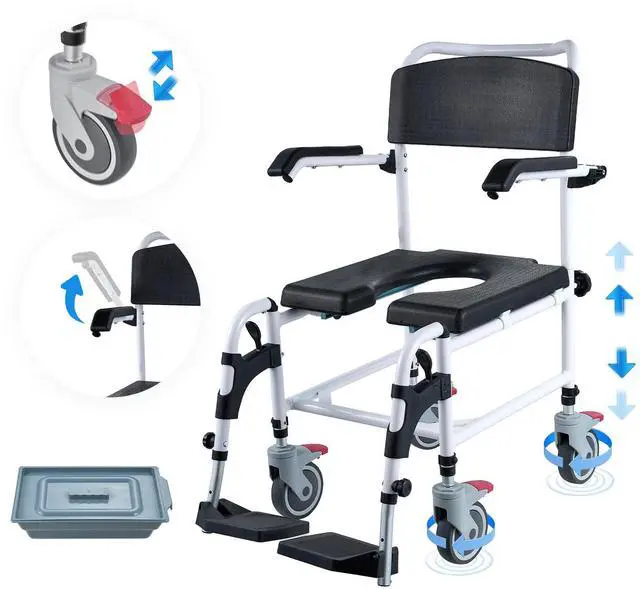 Main image of Shower Commode Wheelchair with 4 Lockable Wheels, Footrests, Flip-up Arms, 3-Level Adjustable Height, 5L Removable Bucket, 350 LBS Capacity, Commode Chair for Adults Seniors