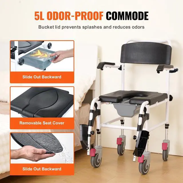 Alt view image 3 of 7 - Shower Commode Wheelchair with 4 Lockable Wheels, Footrests, Flip-up Arms, 3-Level Adjustable Height, 5L Removable Bucket, 350 LBS Capacity, Commode Chair for Adults Seniors