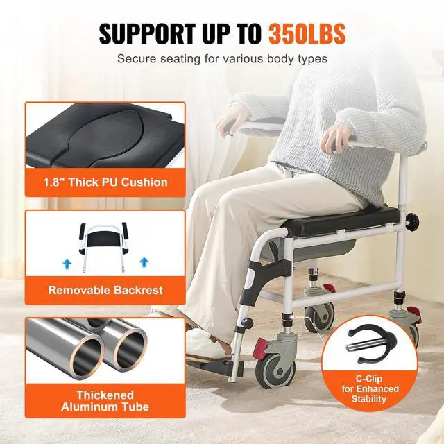 Alt view image 4 of 7 - Shower Commode Wheelchair with 4 Lockable Wheels, Footrests, Flip-up Arms, 3-Level Adjustable Height, 5L Removable Bucket, 350 LBS Capacity, Commode Chair for Adults Seniors