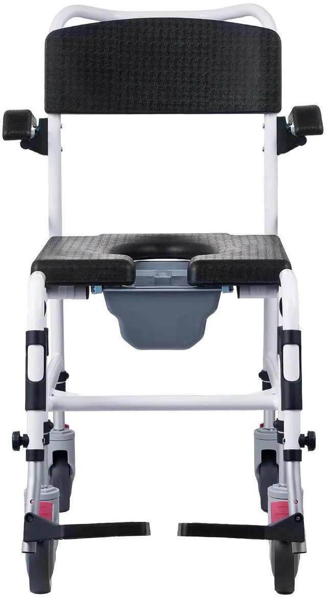 Alt view image 6 of 7 - Shower Commode Wheelchair with 4 Lockable Wheels, Footrests, Flip-up Arms, 3-Level Adjustable Height, 5L Removable Bucket, 350 LBS Capacity, Commode Chair for Adults Seniors